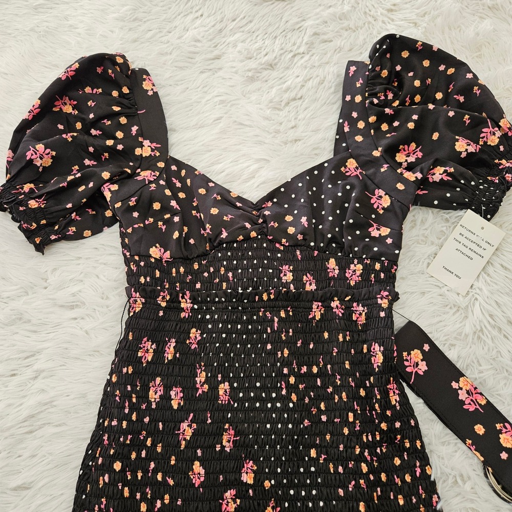 For Love & Lemons Camellia Black Floral Polka Dot Belted Mini Dress Sz S - Picture 3 of 10